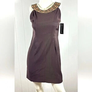 NWT Connected Apparel Brown Beaded Collar stretch Sleeveless Dress sz 8P